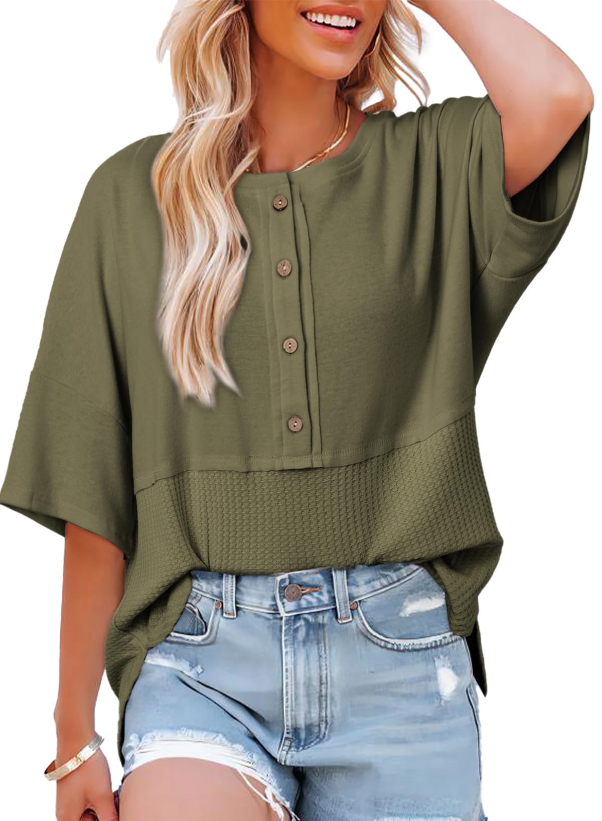 Blusa Dokotoo De Punto Gofrado Con Mangas 3/4 Para Mujer, Color Verde - Venta Internacional.
