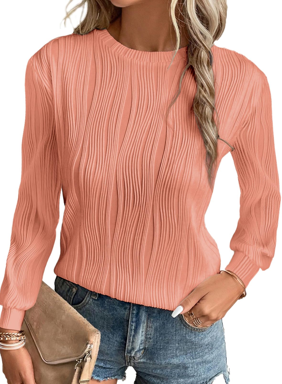 Blusa Evaless Para Mujer, Manga Larga, Cuello Redondo, Corte Holgado, Color Coral - Venta Internacional.