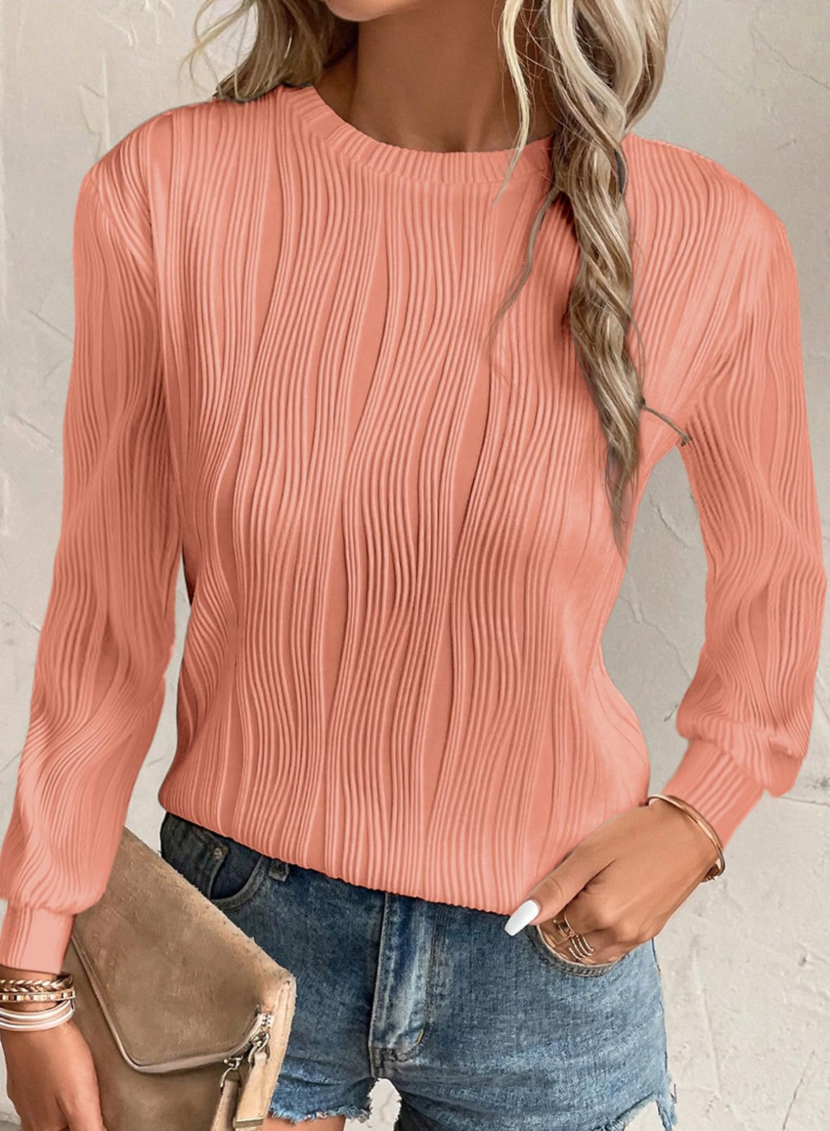 Foto 3 pulgar | Blusa Evaless Para Mujer, Manga Larga, Cuello Redondo, Corte Holgado, Color Coral - Venta Internacional.