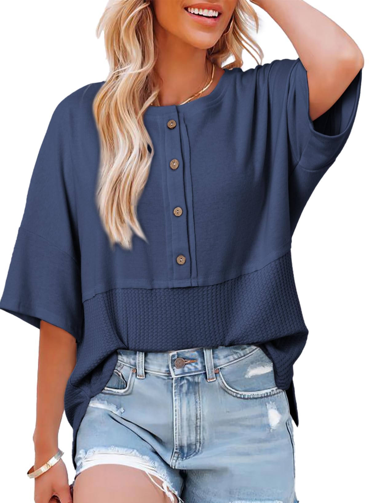 Foto 2 pulgar | Top Dokotoo Summer Waffle Knit Plus Talla Grande Azul Para Mujer - Venta Internacional.