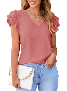 Foto 1 | Camiseta Alvaq Para Mujer Con Volantes, Manga Corta, Cuello En V, Color Coral - Venta Internacional.