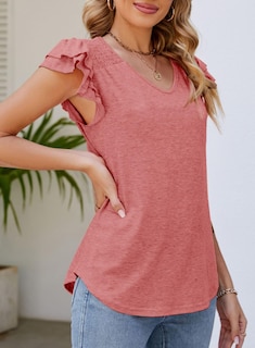 Foto 3 | Camiseta Alvaq Para Mujer Con Volantes, Manga Corta, Cuello En V, Color Coral - Venta Internacional.