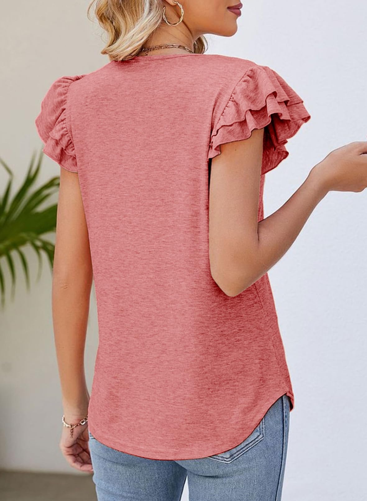 Foto 5 pulgar | Camiseta Alvaq Para Mujer Con Volantes, Manga Corta, Cuello En V, Color Coral - Venta Internacional.