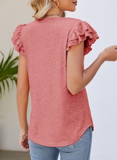 Foto 4 | Camiseta Alvaq Para Mujer Con Volantes, Manga Corta, Cuello En V, Color Coral - Venta Internacional.