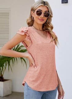 Foto 4 | Camiseta Alvaq Trendy Con Volantes Y Manga Corta Con Cuello En V Para Mujer - Venta Internacional.