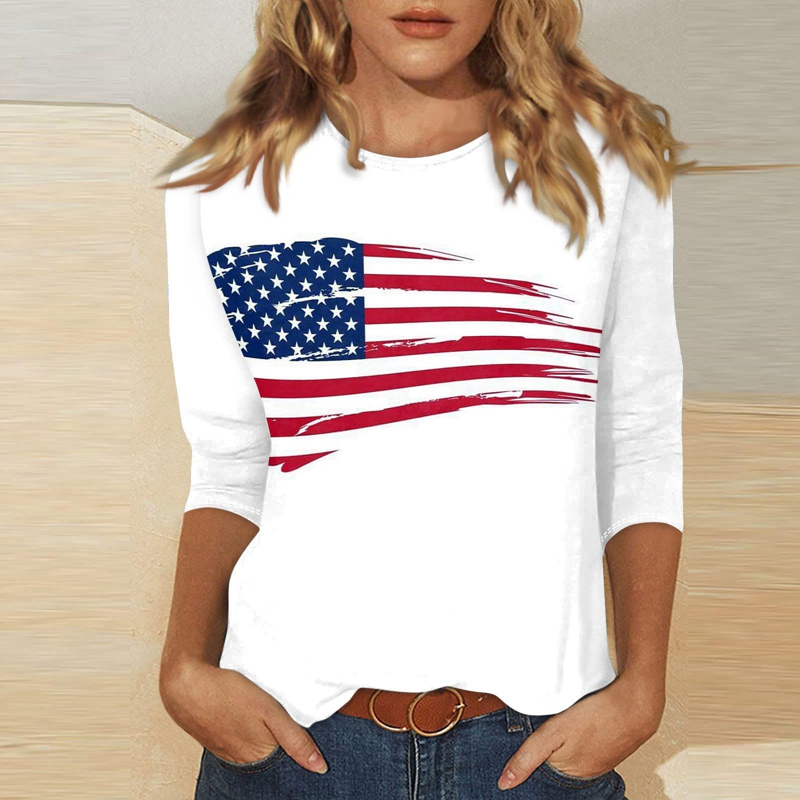 Foto 3 pulgar | Camisas Patrióticas Tipo Túnica Para Mujer, Talla Grande, Manga 3/4 - Venta Internacional.
