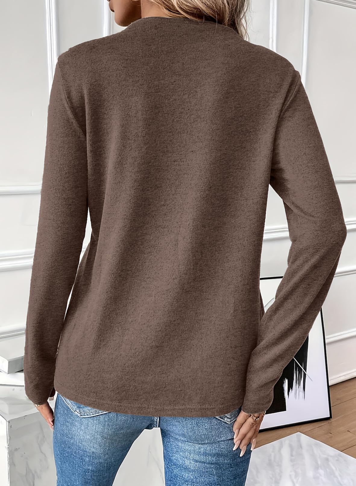 Foto 4 pulgar | Camiseta Evaless Para Mujer, Manga Larga, Cuello Redondo, Punto Café, Xxl - Venta Internacional.