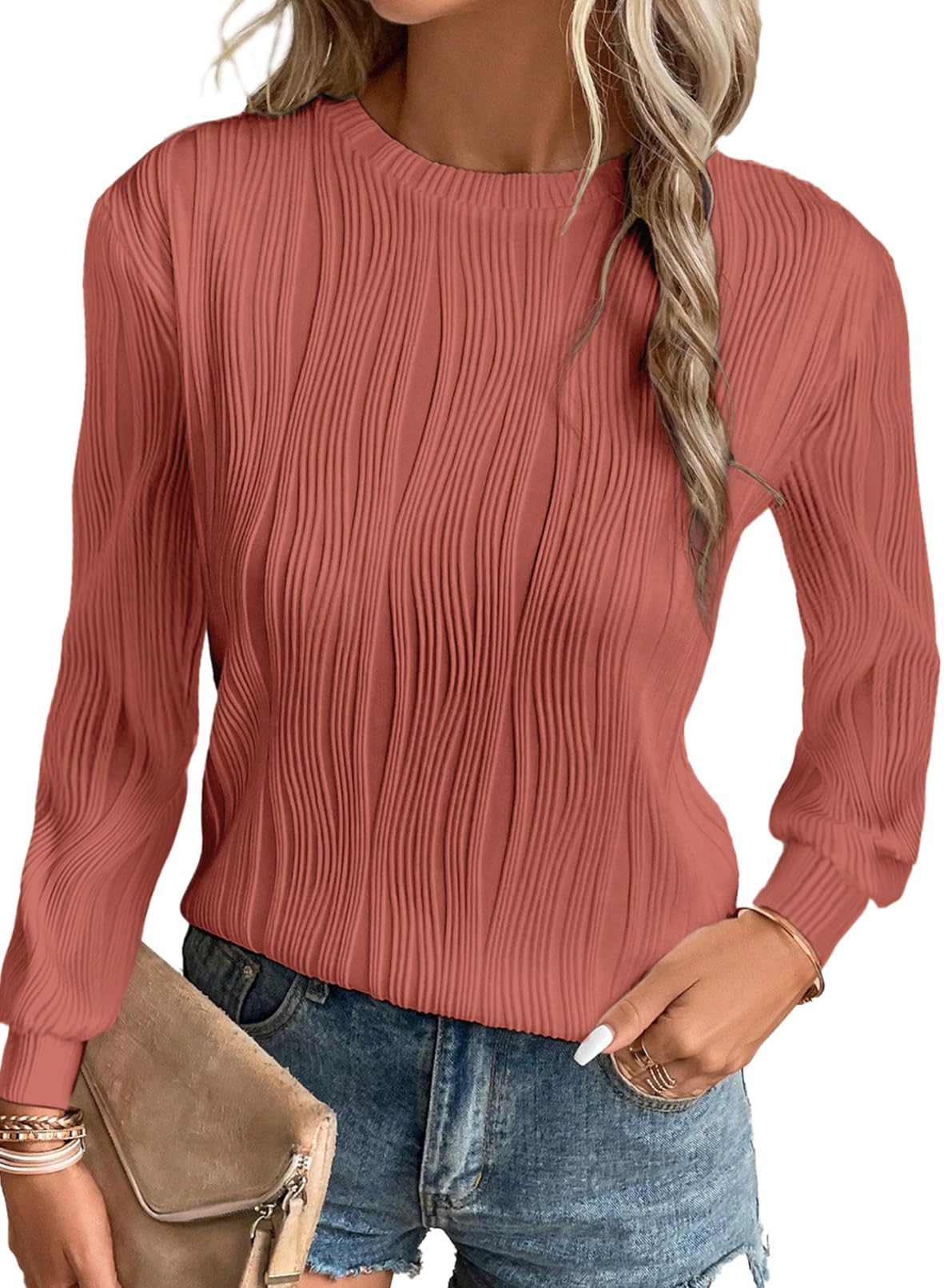 Foto 2 pulgar | Camiseta Evaless Para Mujer, Manga Larga, Cuello Redondo, Color Rosa Texturizado - Venta Internacional.