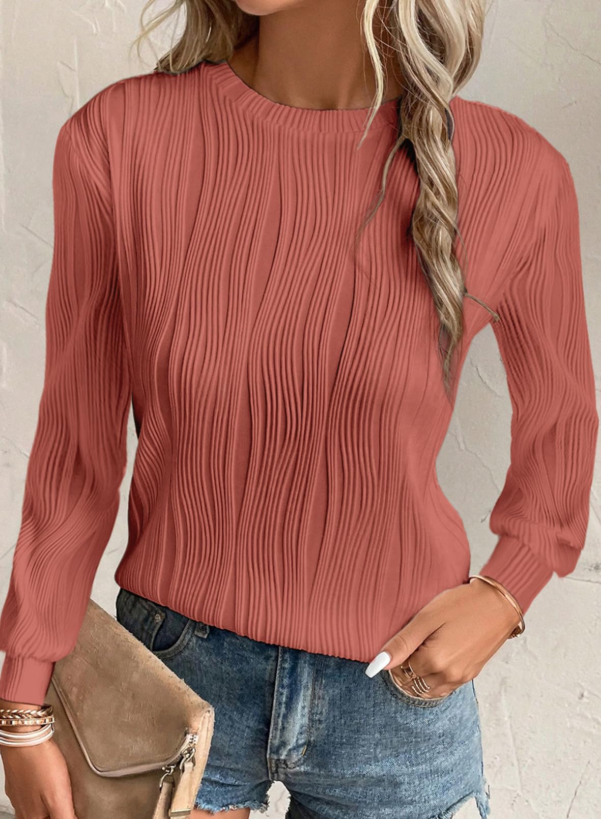 Foto 3 pulgar | Camiseta Evaless Para Mujer, Manga Larga, Cuello Redondo, Color Rosa Texturizado - Venta Internacional.