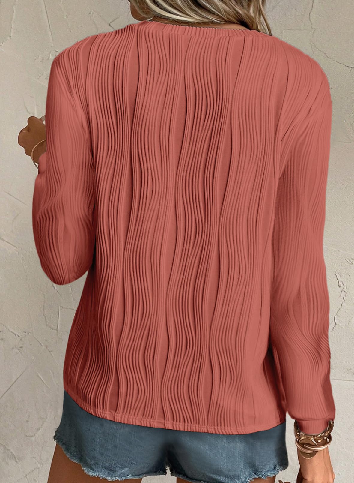Foto 4 pulgar | Camiseta Evaless Para Mujer, Manga Larga, Cuello Redondo, Color Rosa Texturizado - Venta Internacional.