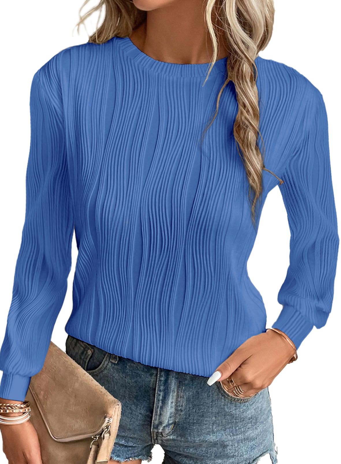 Camiseta Evaless De Manga Larga Texturizada Azul Cielo Para Mujer - S - Venta Internacional.