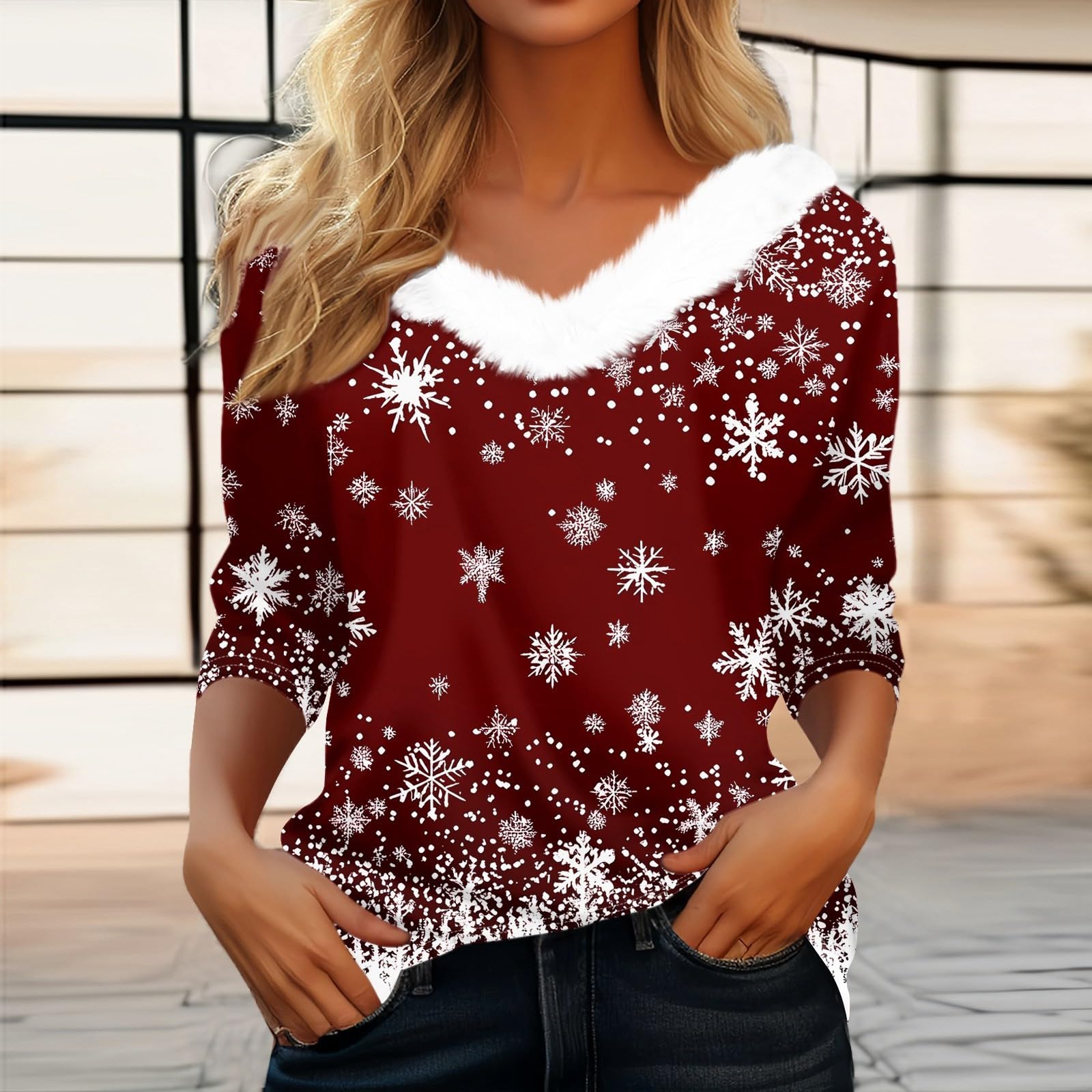 Foto 3 pulgar | Jersey Navideño Cotecram Para Mujer, Talla Grande, Cuello En V, Color Vino - Venta Internacional.