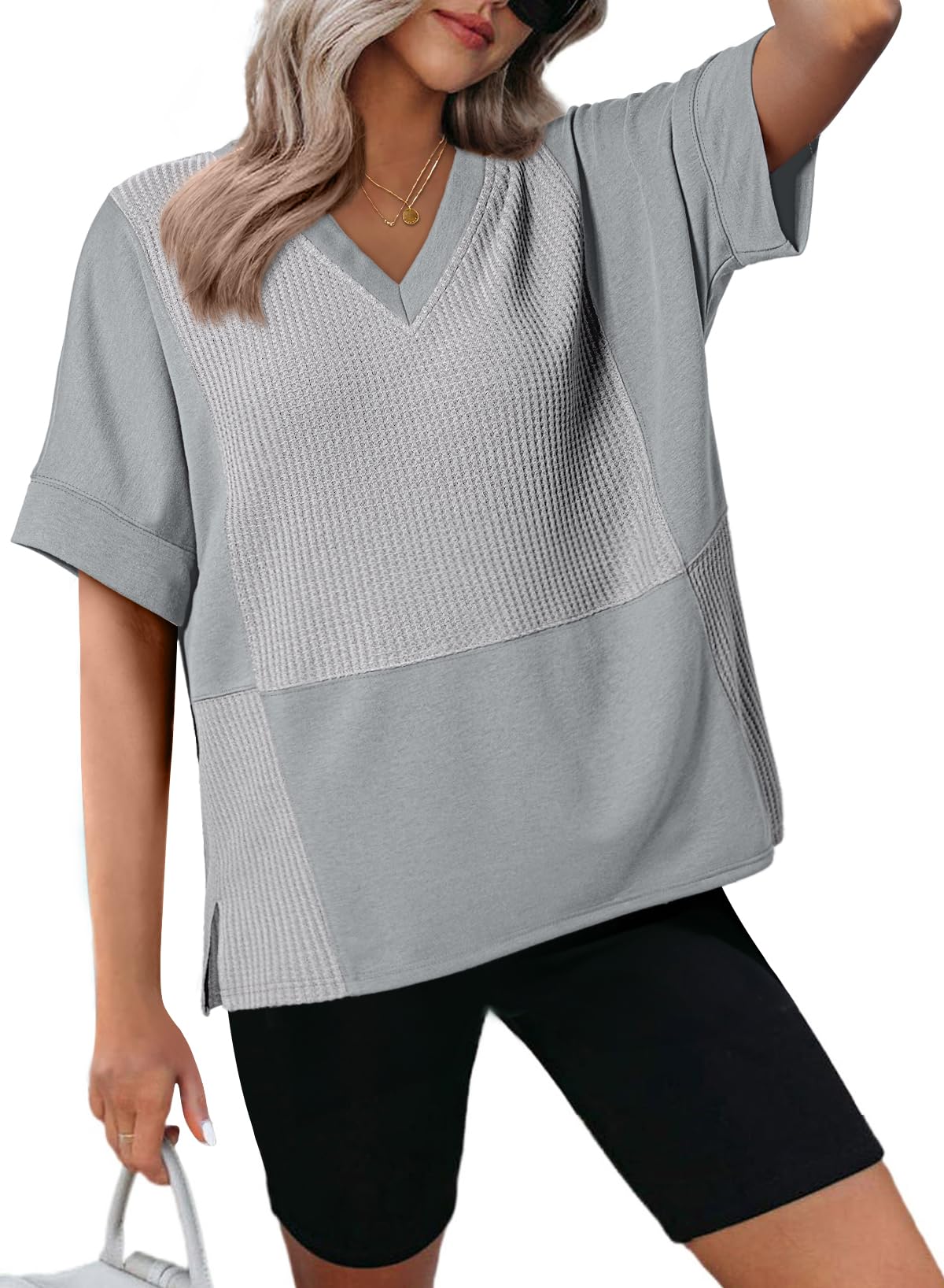 Foto 2 pulgar | Camiseta Dokotoo Gris Sobredimensionada De Punto Gofrado Con Cuello En V Para Mujer - Venta Internacional.