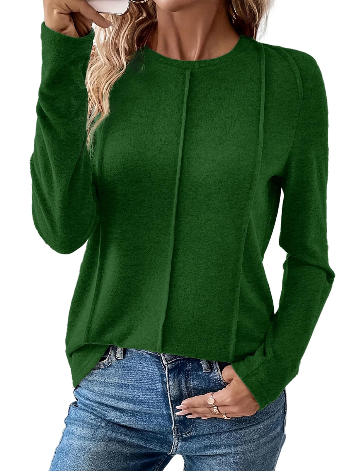 Foto 1 | Camiseta Evaless Para Mujer, Manga Larga, Cuello Redondo, Verde Negruzco - Venta Internacional.