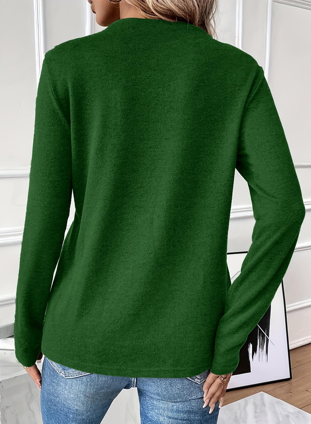 Foto 3 pulgar | Camiseta Evaless Para Mujer, Manga Larga, Cuello Redondo, Verde Negruzco - Venta Internacional.