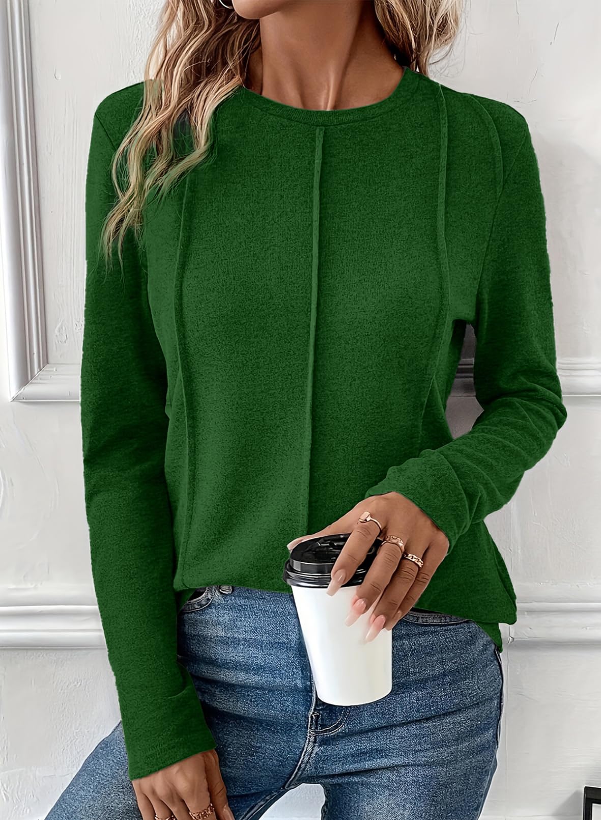 Foto 3 | Camiseta Evaless Para Mujer, Manga Larga, Cuello Redondo, Verde Negruzco - Venta Internacional.