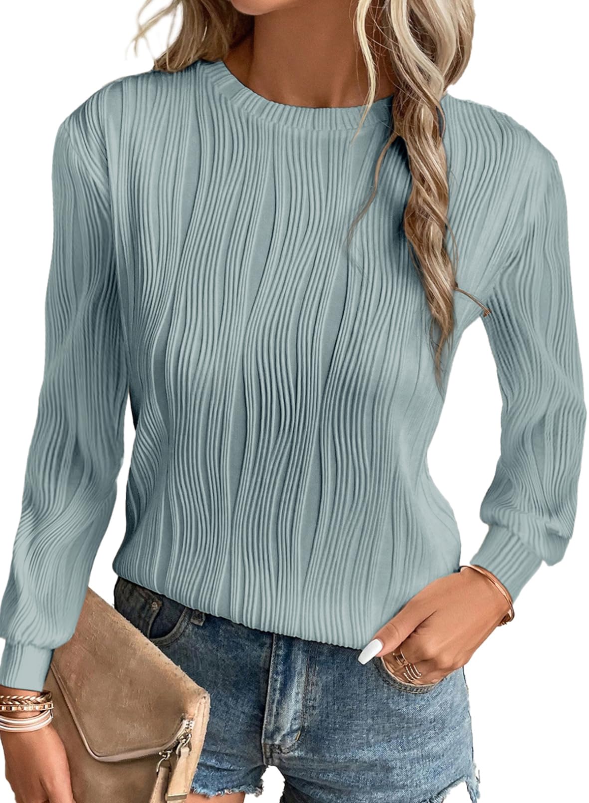 Foto 1 | Tops Evaless Para Mujer 2024, Manga Larga, Cuello Redondo, Azul Brumoso - Venta Internacional.