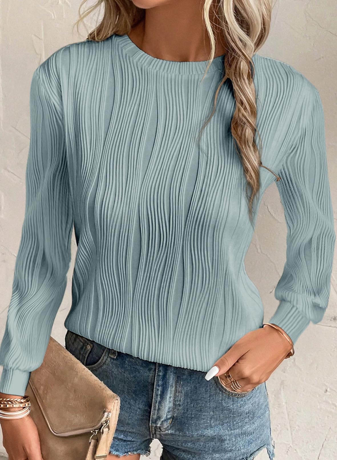 Foto 2 | Tops Evaless Para Mujer 2024, Manga Larga, Cuello Redondo, Azul Brumoso - Venta Internacional.