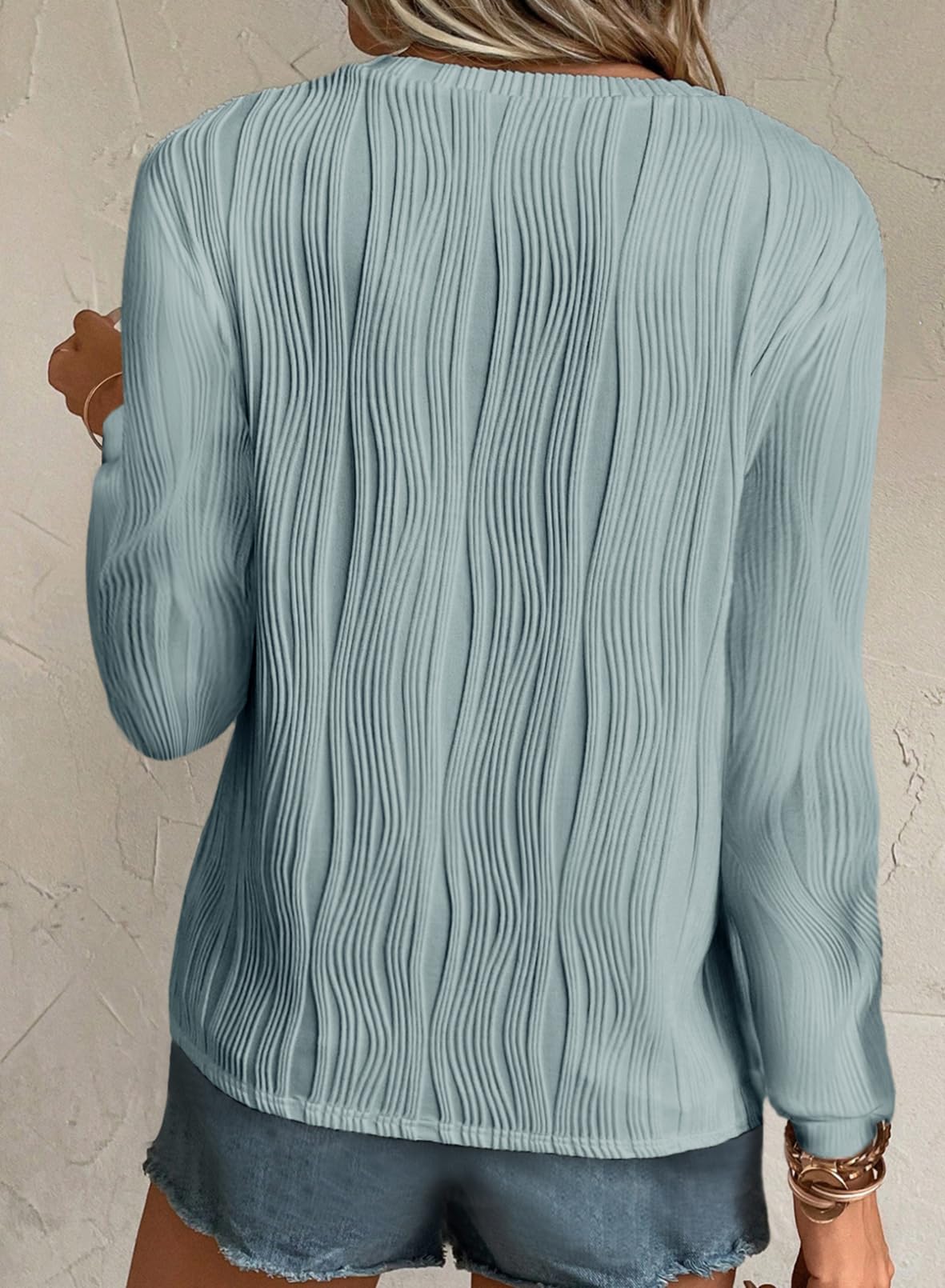 Foto 3 | Tops Evaless Para Mujer 2024, Manga Larga, Cuello Redondo, Azul Brumoso - Venta Internacional.