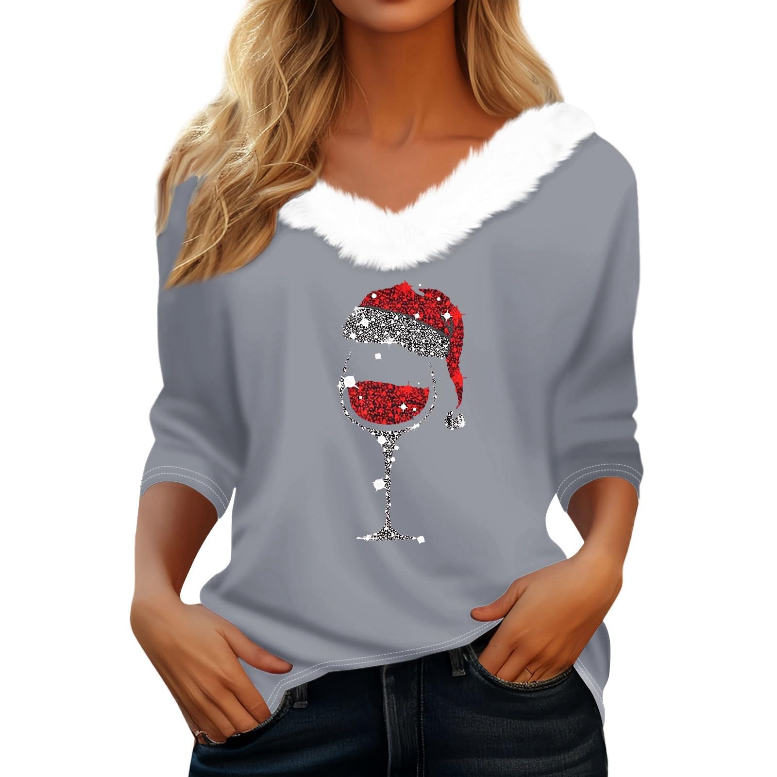 Foto 2 pulgar | Jersey Navideño Cotecram Para Mujer, Talla Grande, Cuello En V, Gris - Venta Internacional.