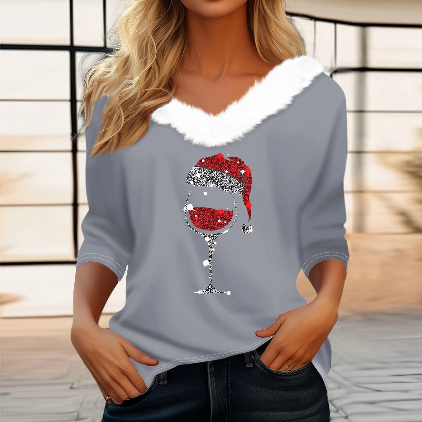 Foto 3 pulgar | Jersey Navideño Cotecram Para Mujer, Talla Grande, Cuello En V, Gris - Venta Internacional.