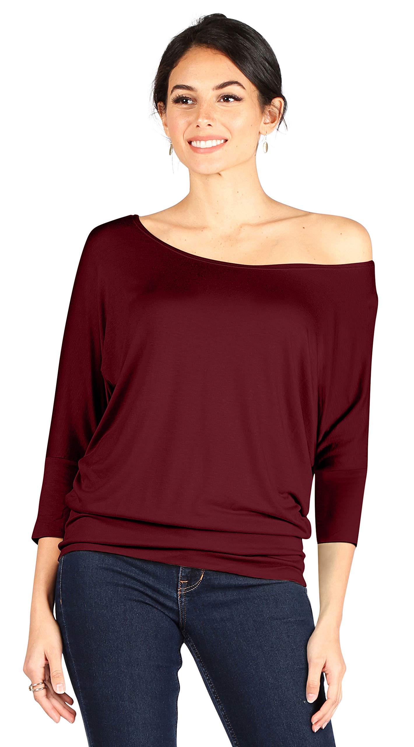 Foto 2 | Top Simlu Dolman, Manga 3/4, Drapeado, Cuello Redondo, Color Burdeos - Venta Internacional.