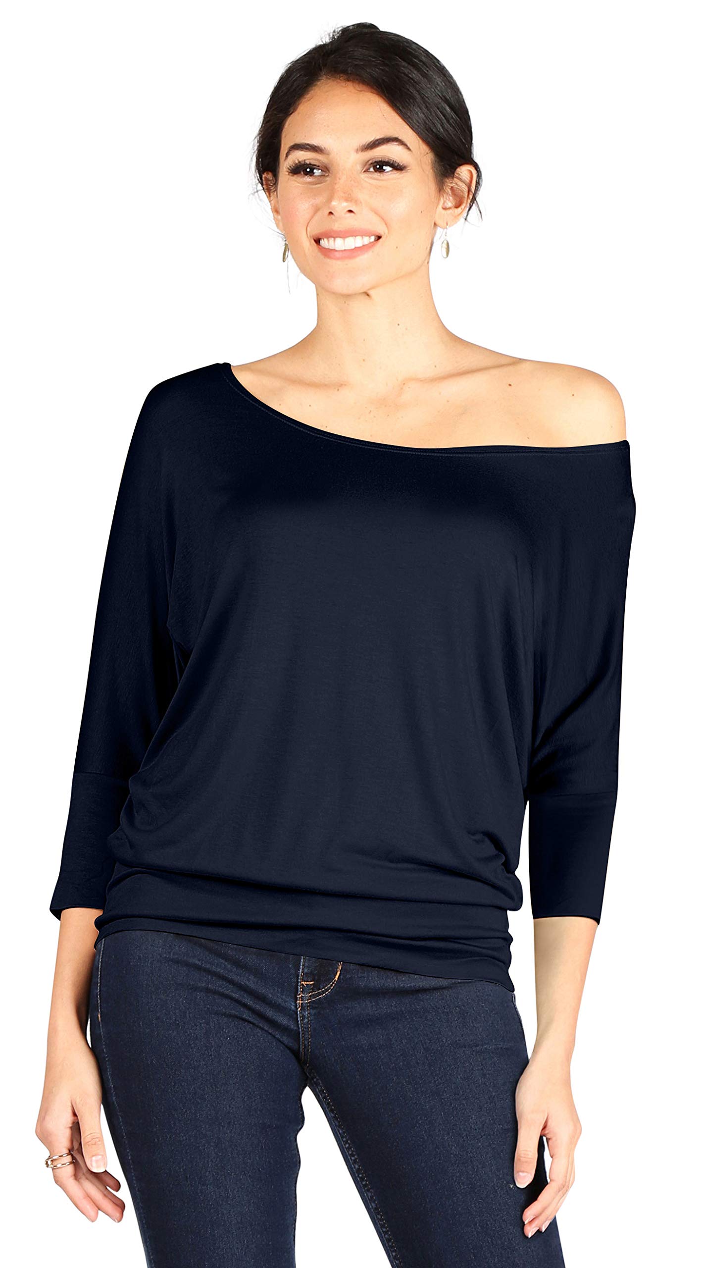 Foto 2 | Top Simlu Dolman De Manga 3/4 Drapeado Con Cuello Redondo, Azul Marino, Para Mujer - Venta Internacional.