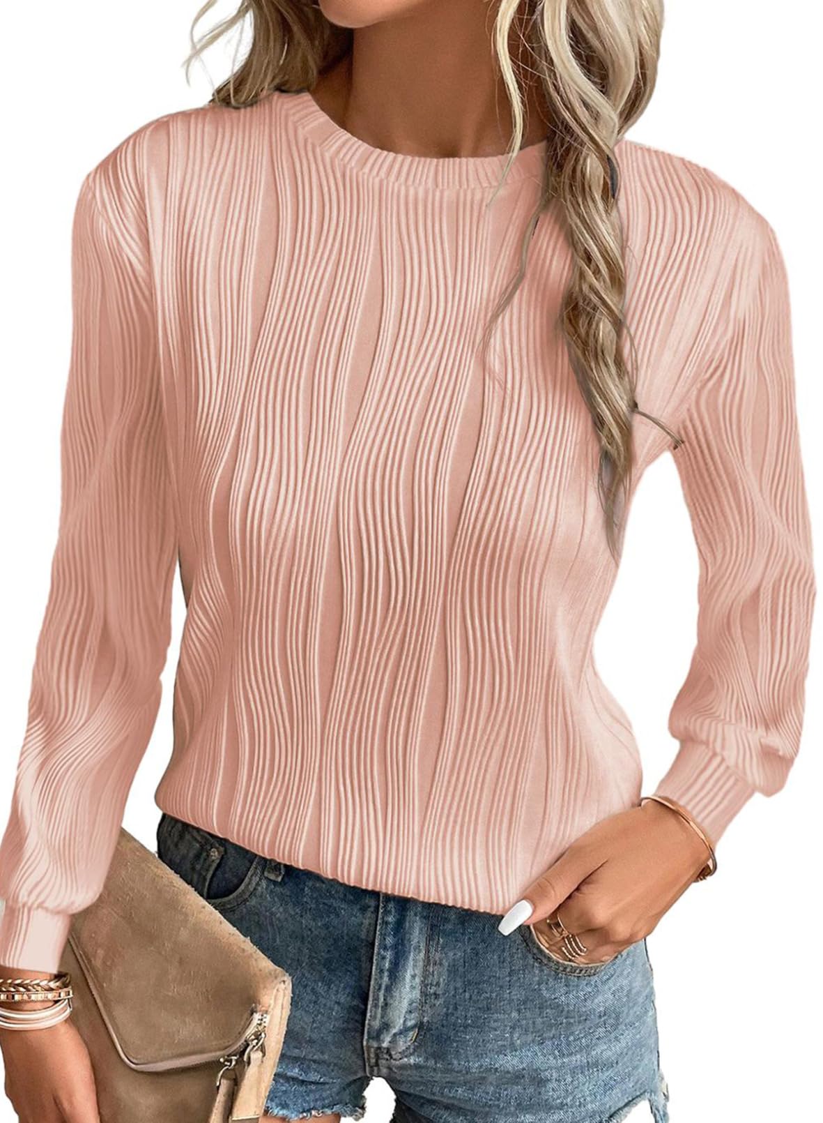 Foto 2 pulgar | Camiseta Tipo Túnica Evaless Para Mujer, Manga Larga, Cuello Redondo, Rosa Claro - Venta Internacional.