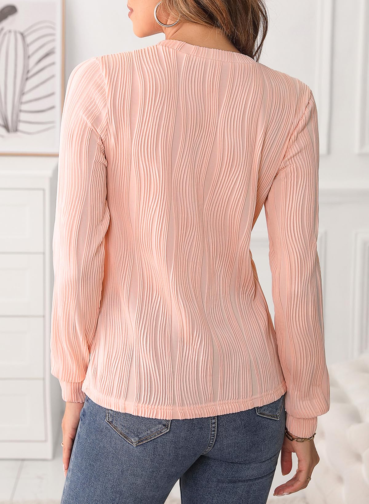 Foto 5 pulgar | Camiseta Tipo Túnica Evaless Para Mujer, Manga Larga, Cuello Redondo, Rosa Claro - Venta Internacional.