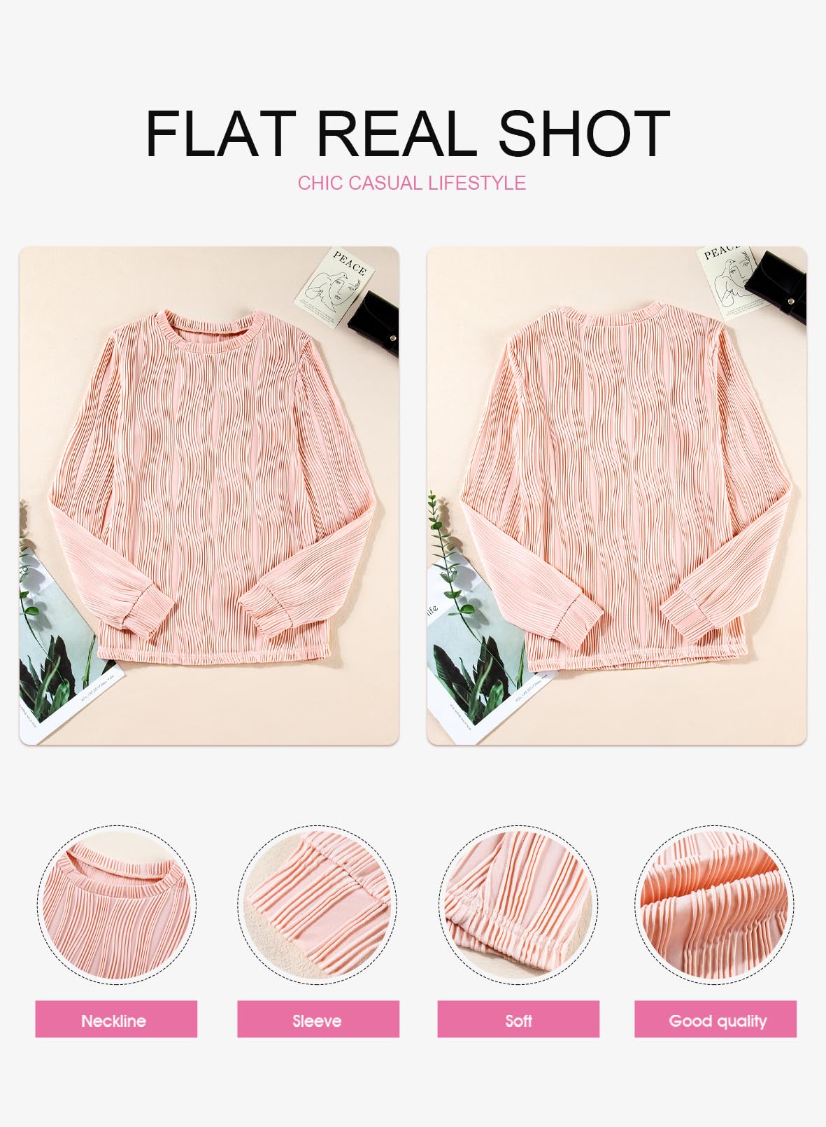 Foto 6 pulgar | Camiseta Tipo Túnica Evaless Para Mujer, Manga Larga, Cuello Redondo, Rosa Claro - Venta Internacional.