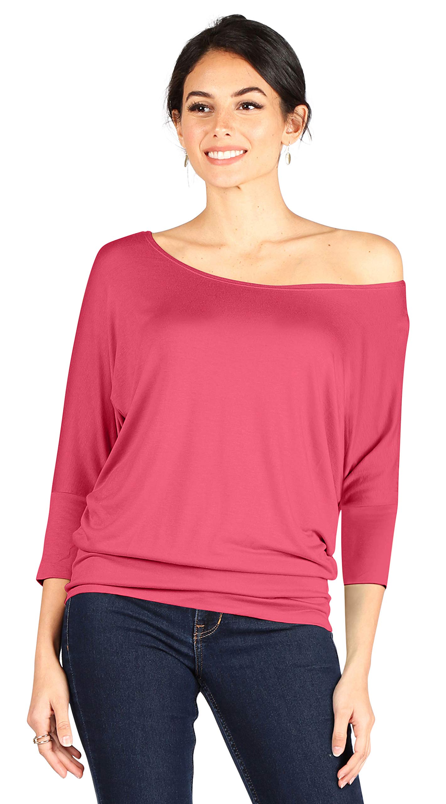 Foto 2 | Top Simlu Dolman, Manga 3/4, Drapeado, Cuello Redondo, Fucsia - Venta Internacional.