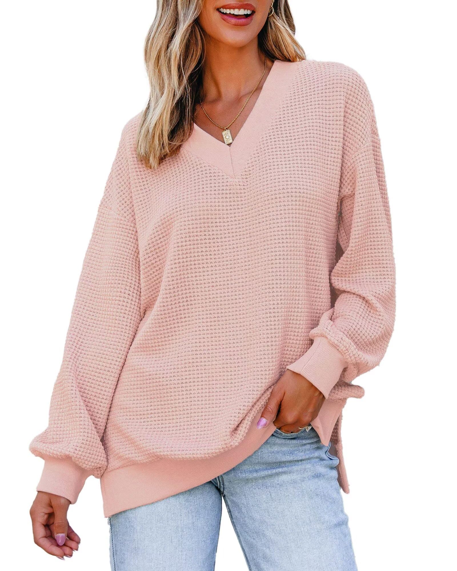 Foto 2 pulgar | Camisa De Manga Larga Dokotoo Para Mujer, Cuello En V, Punto Gofrado, Rosa S - Venta Internacional.