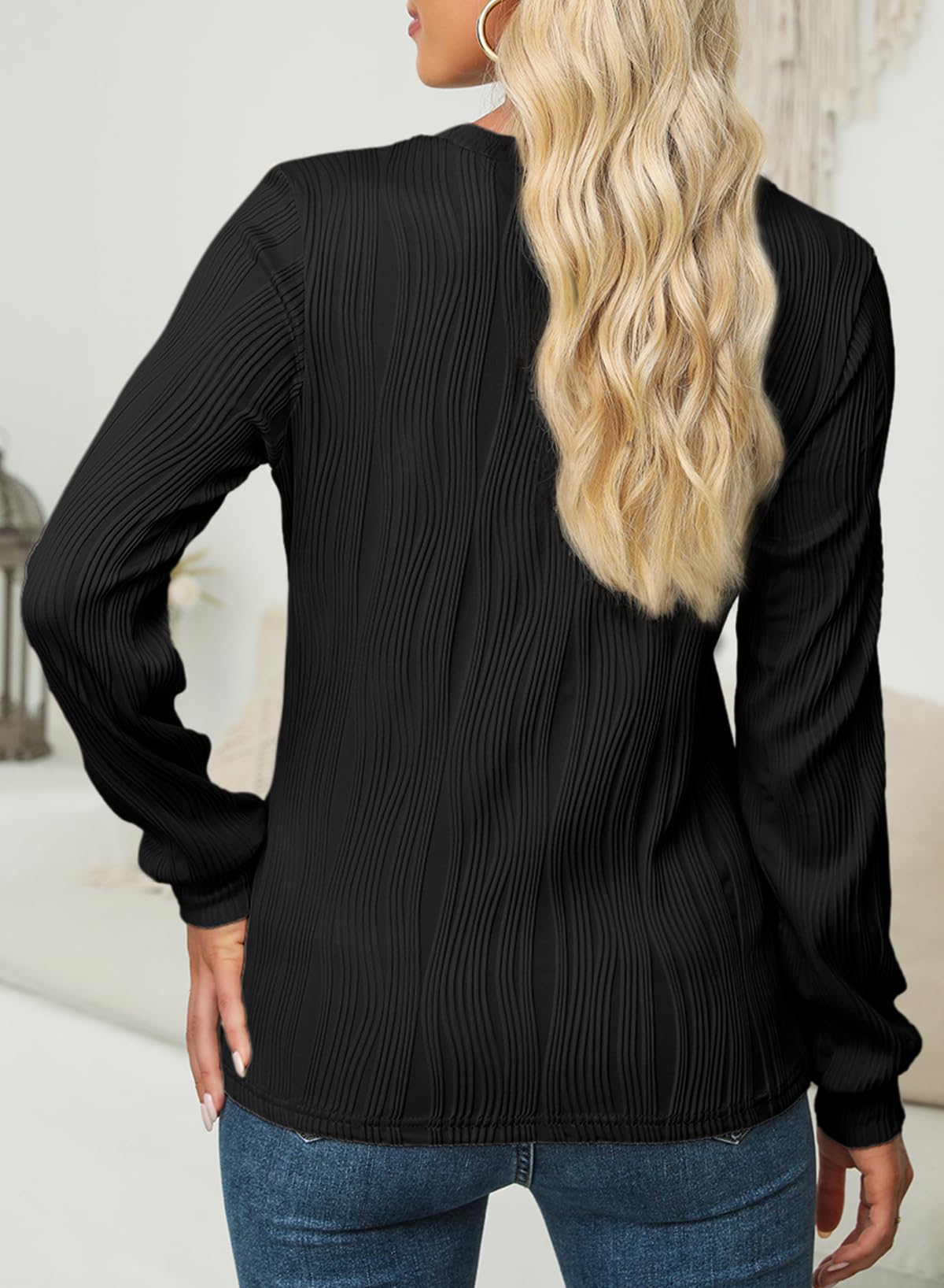 Foto 5 pulgar | Camiseta Evaless Para Mujer 2024, Cuello Redondo, Manga Larga, Color Negro S - Venta Internacional.