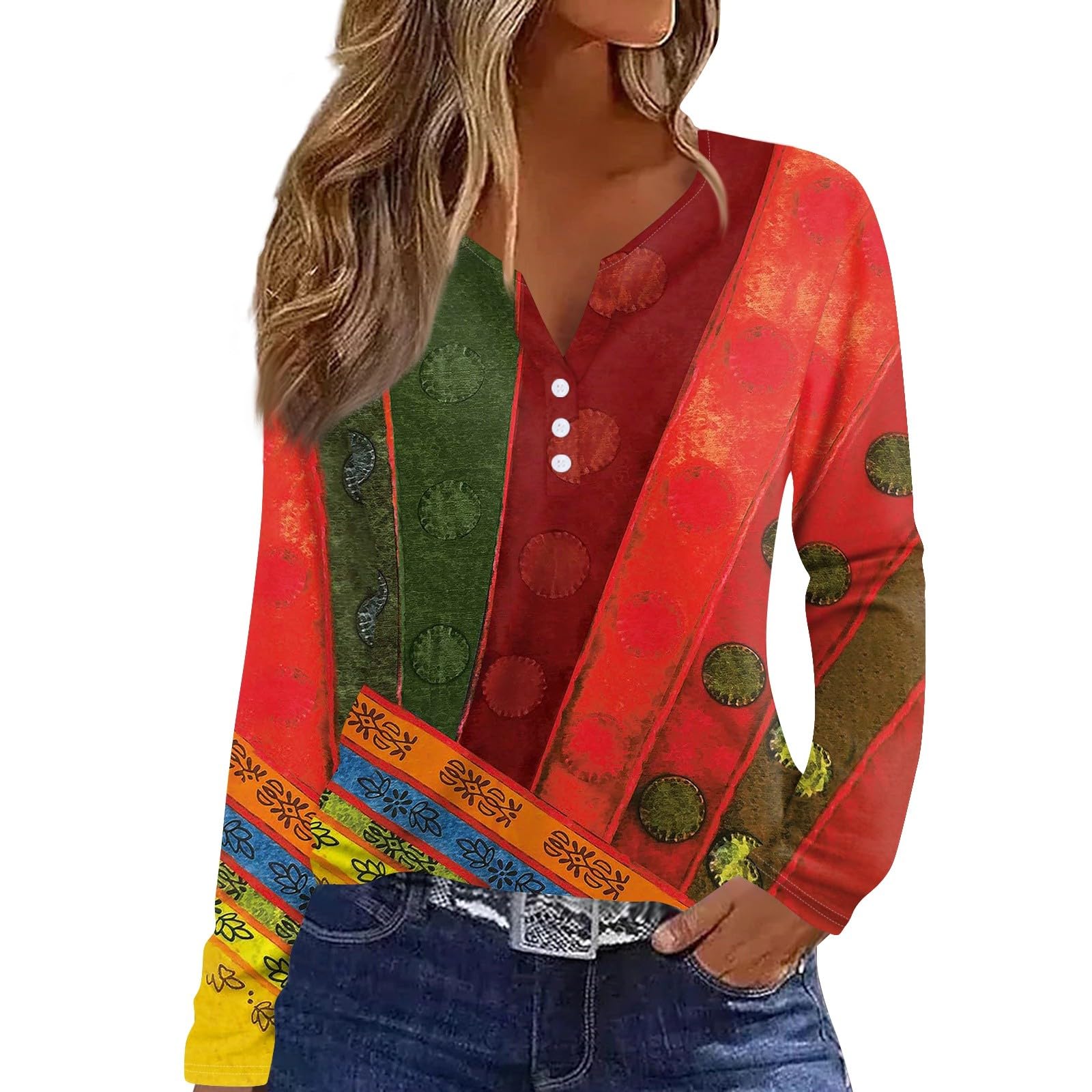Foto 2 pulgar | Blusas De Otoño Casual De Manga Larga, Cuello En V, Talla Grande, Color Rojo - Venta Internacional.