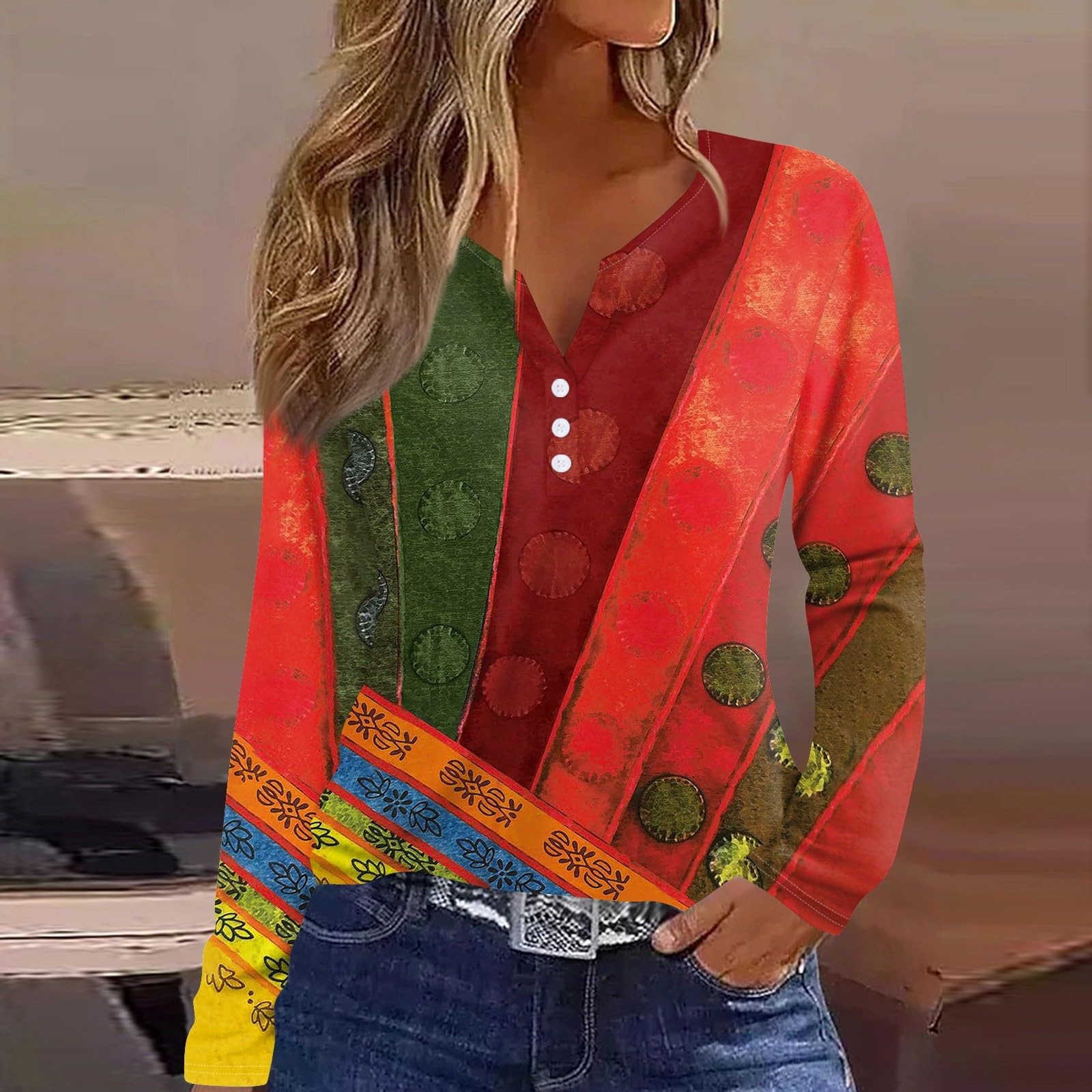 Foto 6 | Blusas De Otoño Casual De Manga Larga, Cuello En V, Talla Grande, Color Rojo - Venta Internacional.