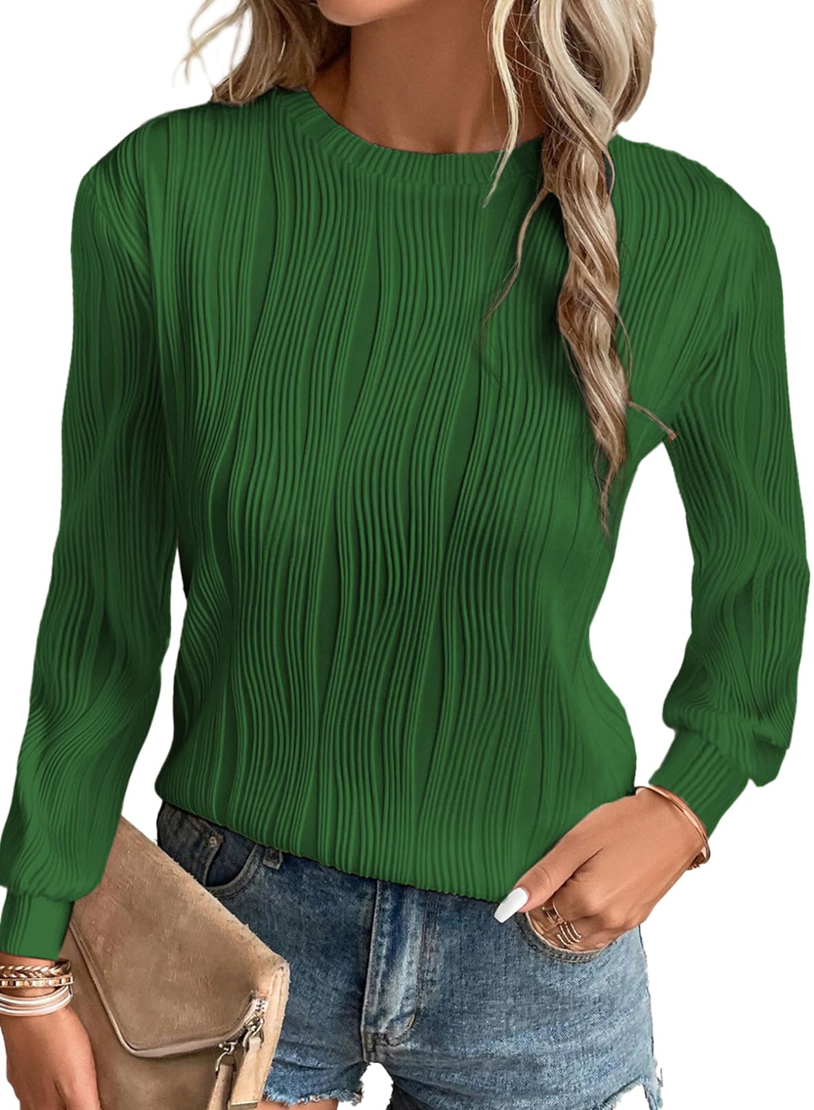 Foto 2 pulgar | Blusa Evaless Para Mujer, Manga Larga, Cuello Redondo, Corte Holgado, Verde - Venta Internacional.