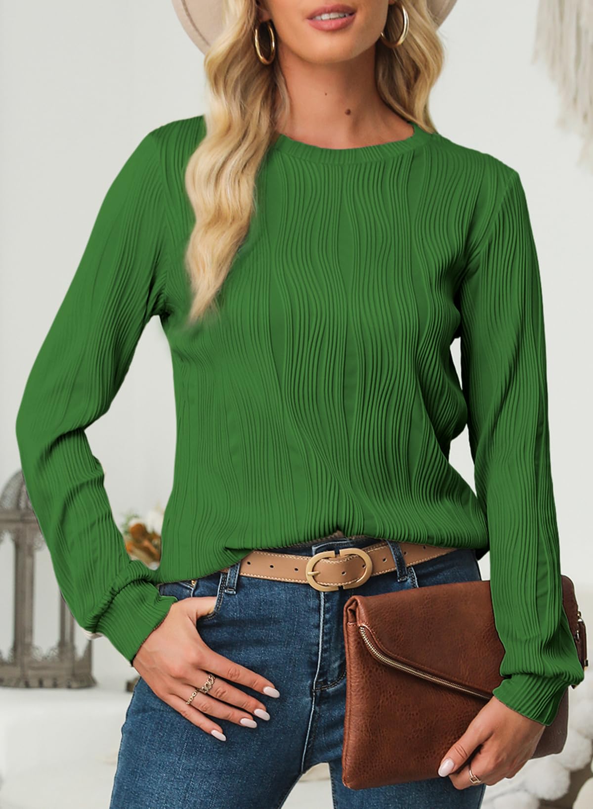Foto 3 pulgar | Blusa Evaless Para Mujer, Manga Larga, Cuello Redondo, Corte Holgado, Verde - Venta Internacional.