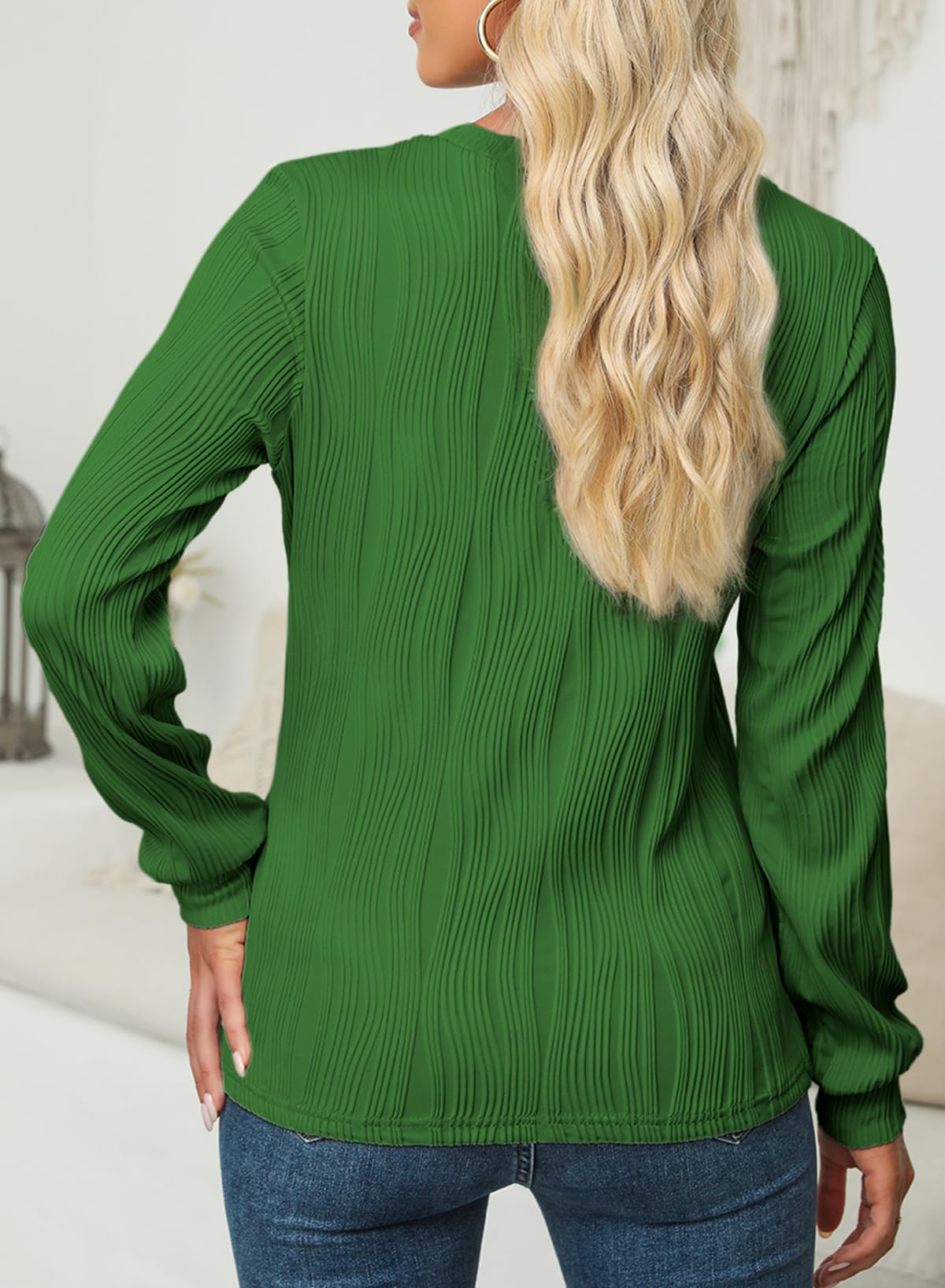 Foto 4 | Blusa Evaless Para Mujer, Manga Larga, Cuello Redondo, Corte Holgado, Verde - Venta Internacional.