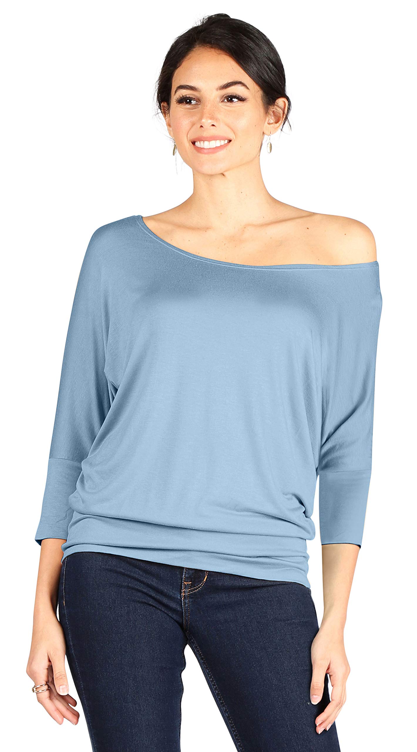 Foto 2 | Top Simlu Dolman, Manga 3/4, Drapeado, Cuello Redondo, Color Azul Bebé - Venta Internacional.