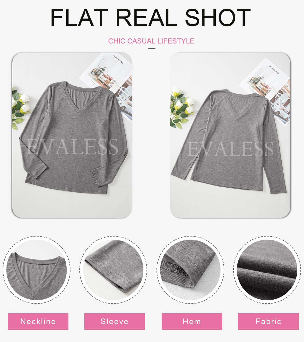 Foto 6 pulgar | Camiseta Evaless Para Mujer, Cuello En V, Manga Larga, Corte Holgado, Gris - Venta Internacional.