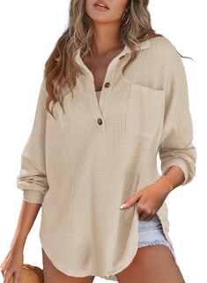 Foto 1 | Top Astylish Henley De Punto Gofrado De Manga Larga Con Cuello En V Para Mujer - Venta Internacional.
