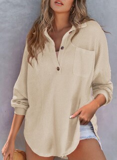 Foto 4 | Top Astylish Henley De Punto Gofrado De Manga Larga Con Cuello En V Para Mujer - Venta Internacional.