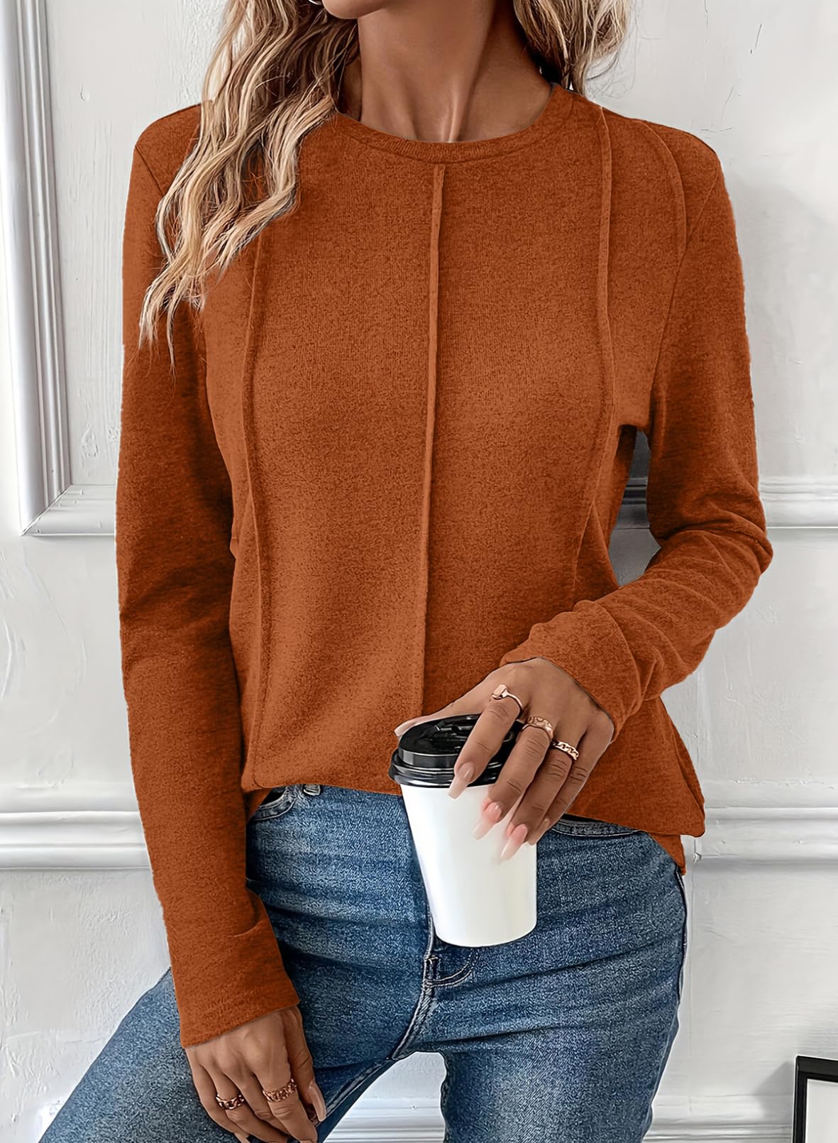Foto 3 pulgar | Camiseta Evaless Basic 2024 Para Mujer, Cuello Redondo, Manga Larga, Naranja - Venta Internacional.
