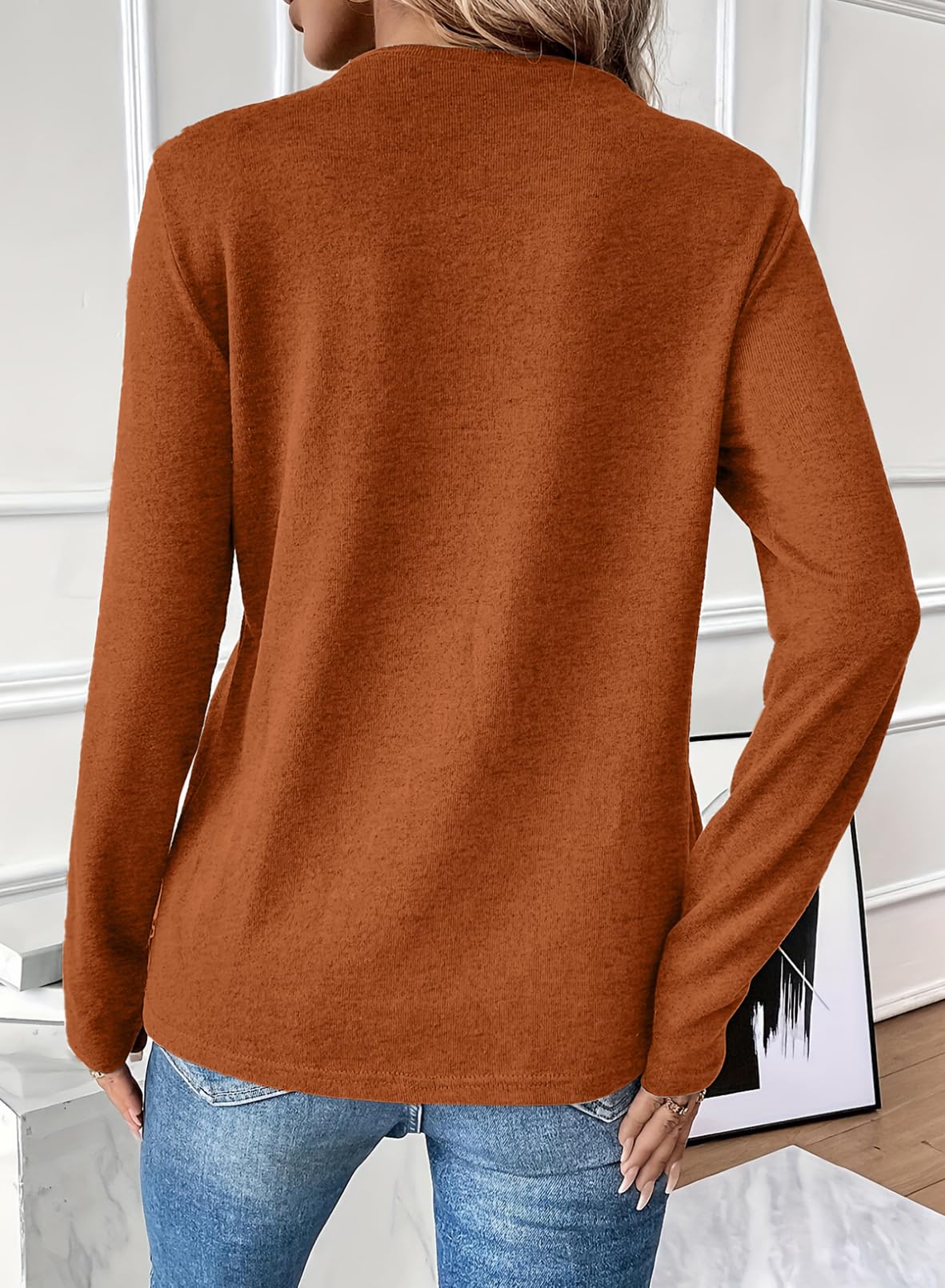 Foto 4 pulgar | Camiseta Evaless Basic 2024 Para Mujer, Cuello Redondo, Manga Larga, Naranja - Venta Internacional.