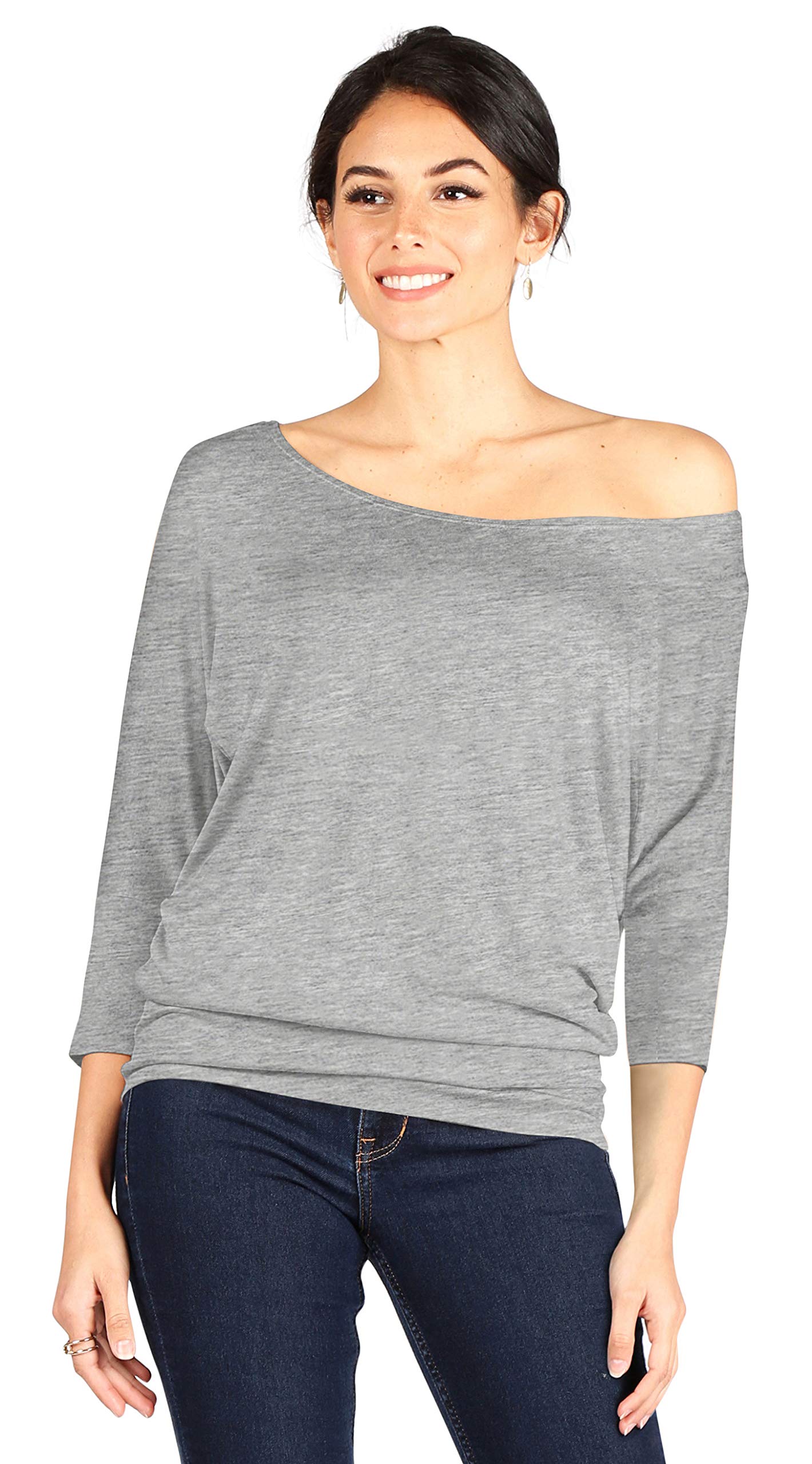 Foto 2 | Top Simlu Dolman, Manga 3/4, Drapeado, Cuello Redondo, Gris Jaspeado - Venta Internacional.