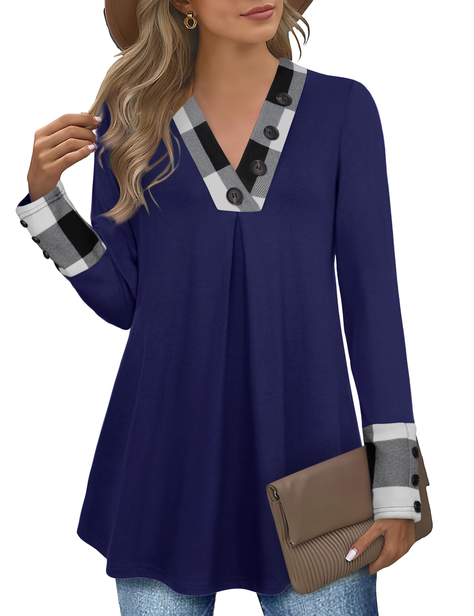 Camisa Messic Para Mujer De Manga Larga Con Cuello En V, Color Azul Sodalita - Venta Internacional.