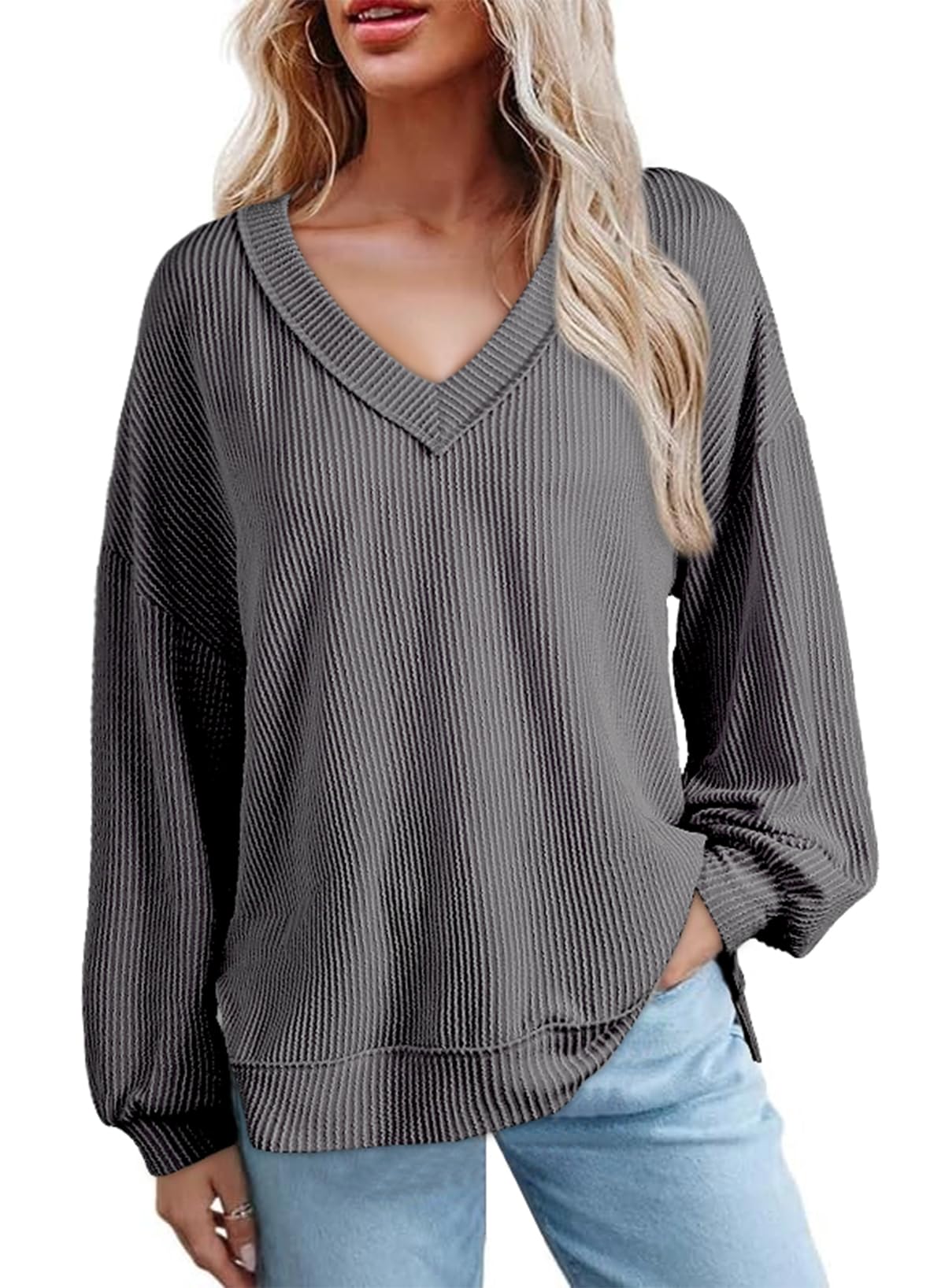 Foto 6 pulgar | Blusa Tipo Túnica Evaless, Manga Larga, Cuello En V, Holgada, Gris, 2xl - Venta Internacional.