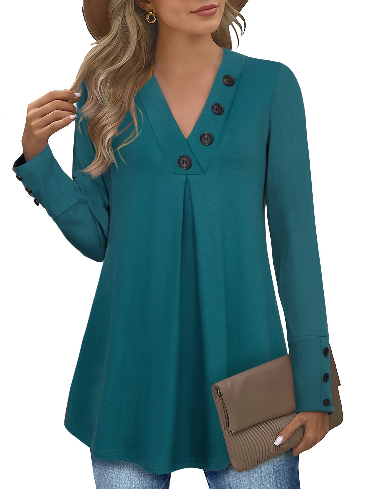 Foto 2 pulgar | Camiseta Tipo Túnica Messic Para Mujer, Moda De Otoño 2024, Cuello En V, Color Cian Oscuro - Venta Internacional.