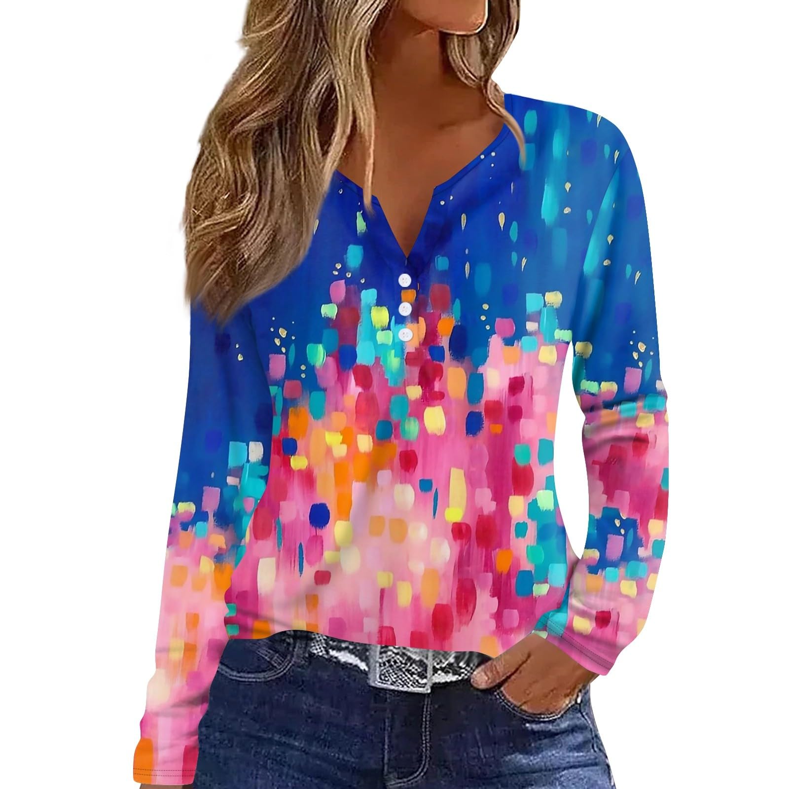 Blusa Cotecram Lindo Tops Para Mujer De Manga Larga Con Cuello En V Azul - Venta Internacional.