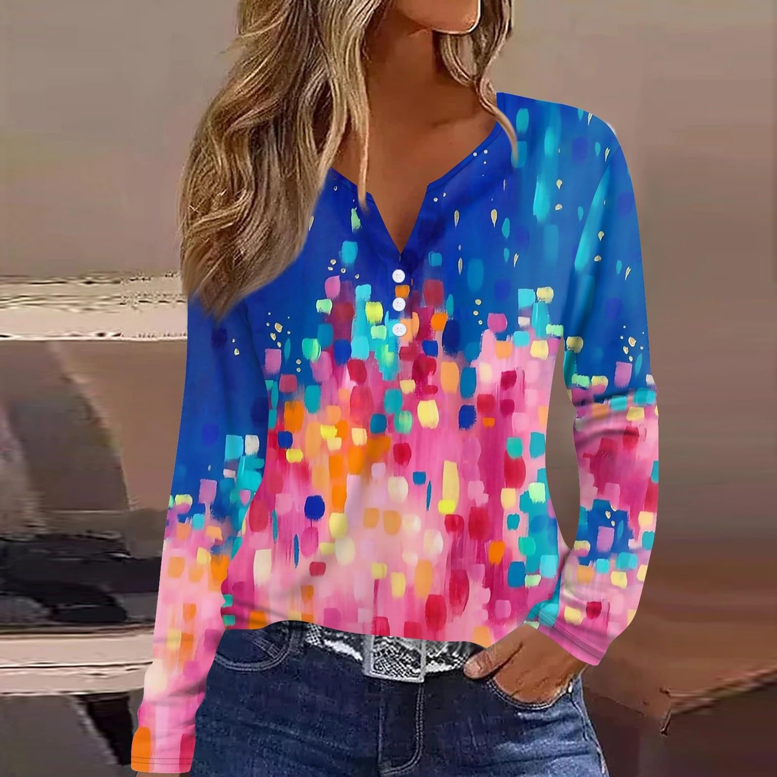 Foto 3 pulgar | Blusa Cotecram Lindo Tops Para Mujer De Manga Larga Con Cuello En V Azul - Venta Internacional.